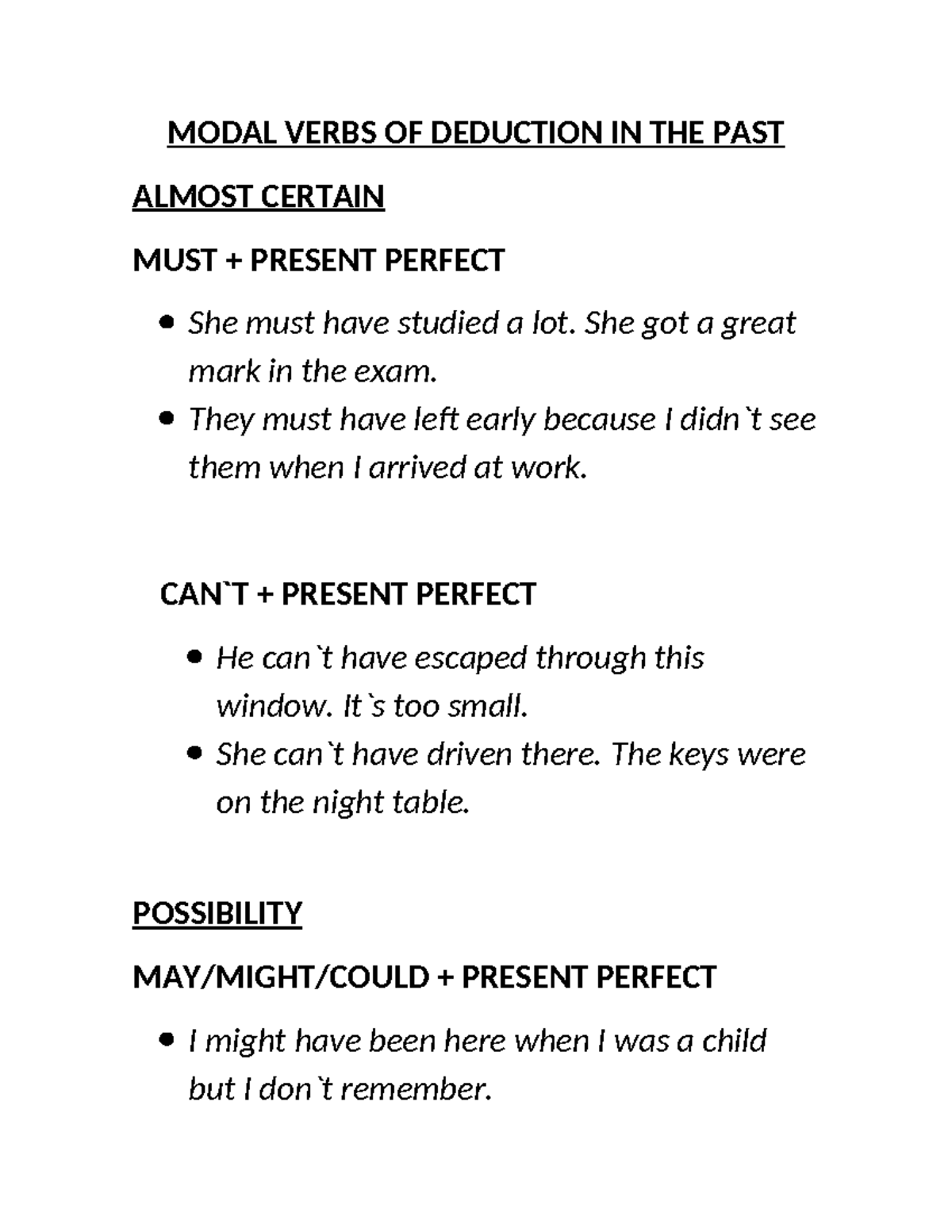 Modal Verbs of Deduction in the Past: Must, Might, and More - Studocu