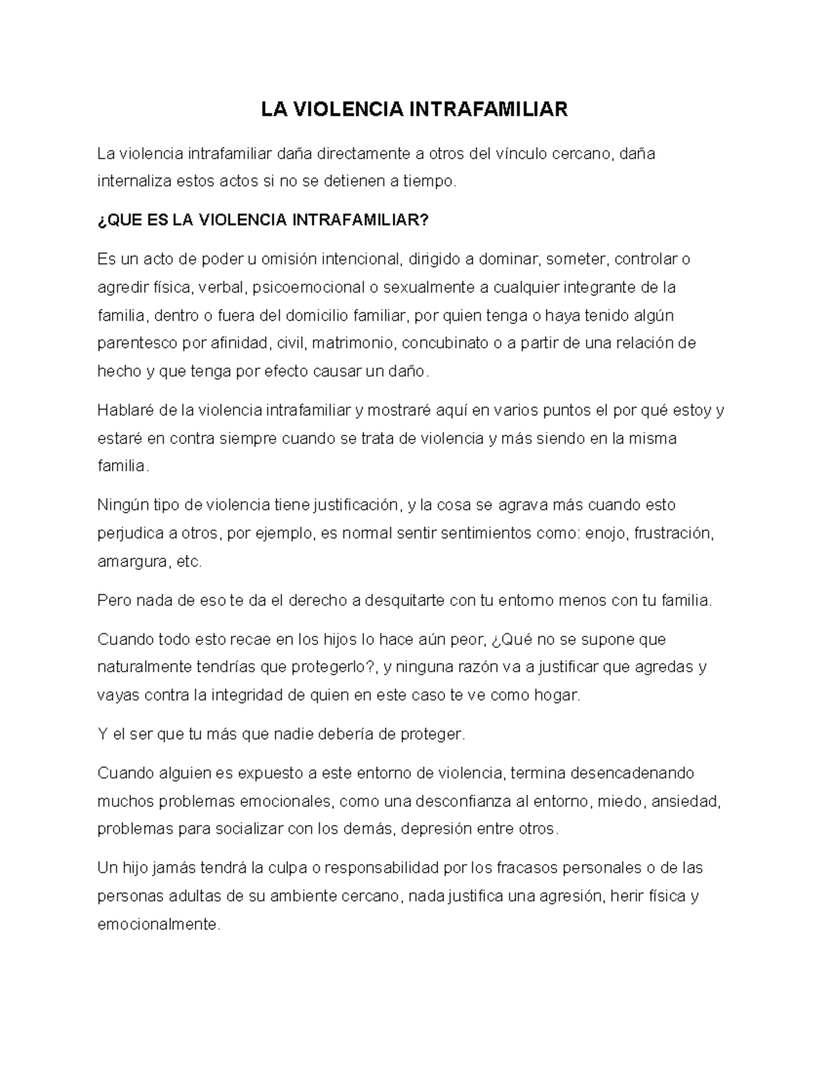 LA VIOLENCIA INTRAFAMILIAR: Consecuencias y Prevención - Studocu