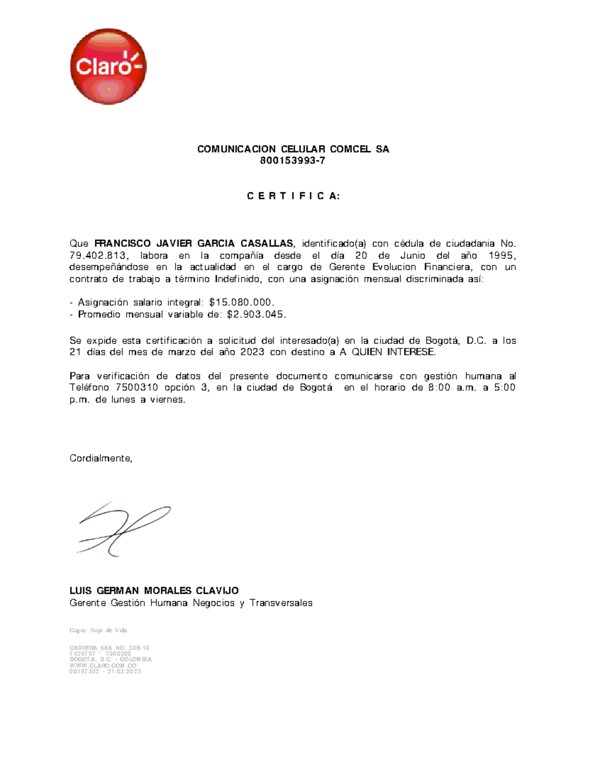 Certificación Laboral de Francisco Javier García - Comcel S.A. - Document Preview