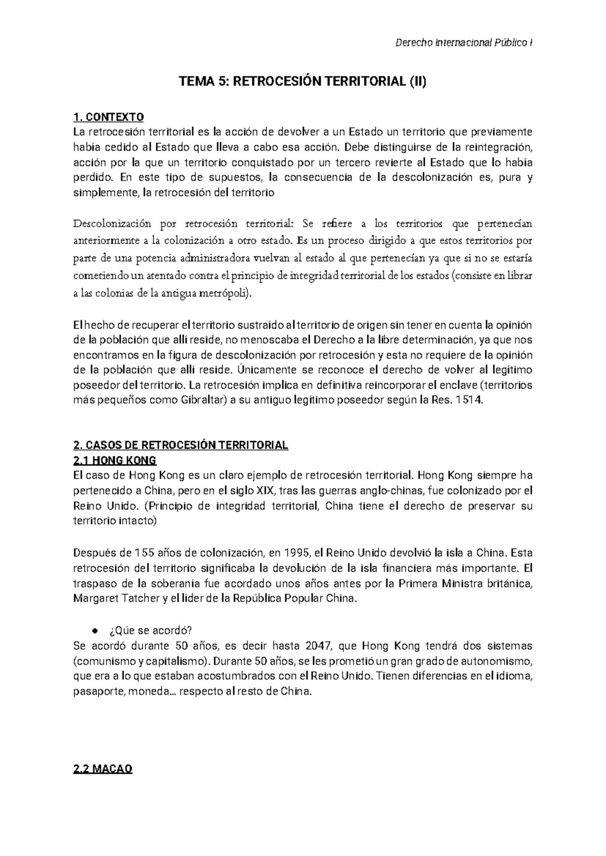 Derecho Internacional Público I: TEMA 5 - Retrocesión Territorial (II ...