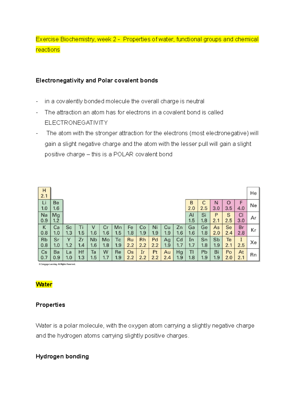 Exercise Biochemistry, week 2 - Properties of water, functional groups ...