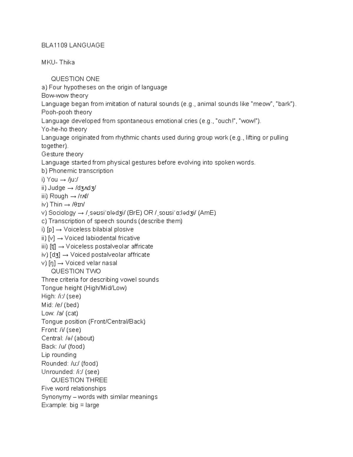 BLA1109 Language Final Exam Study Notes on Phonetics and Phonology ...