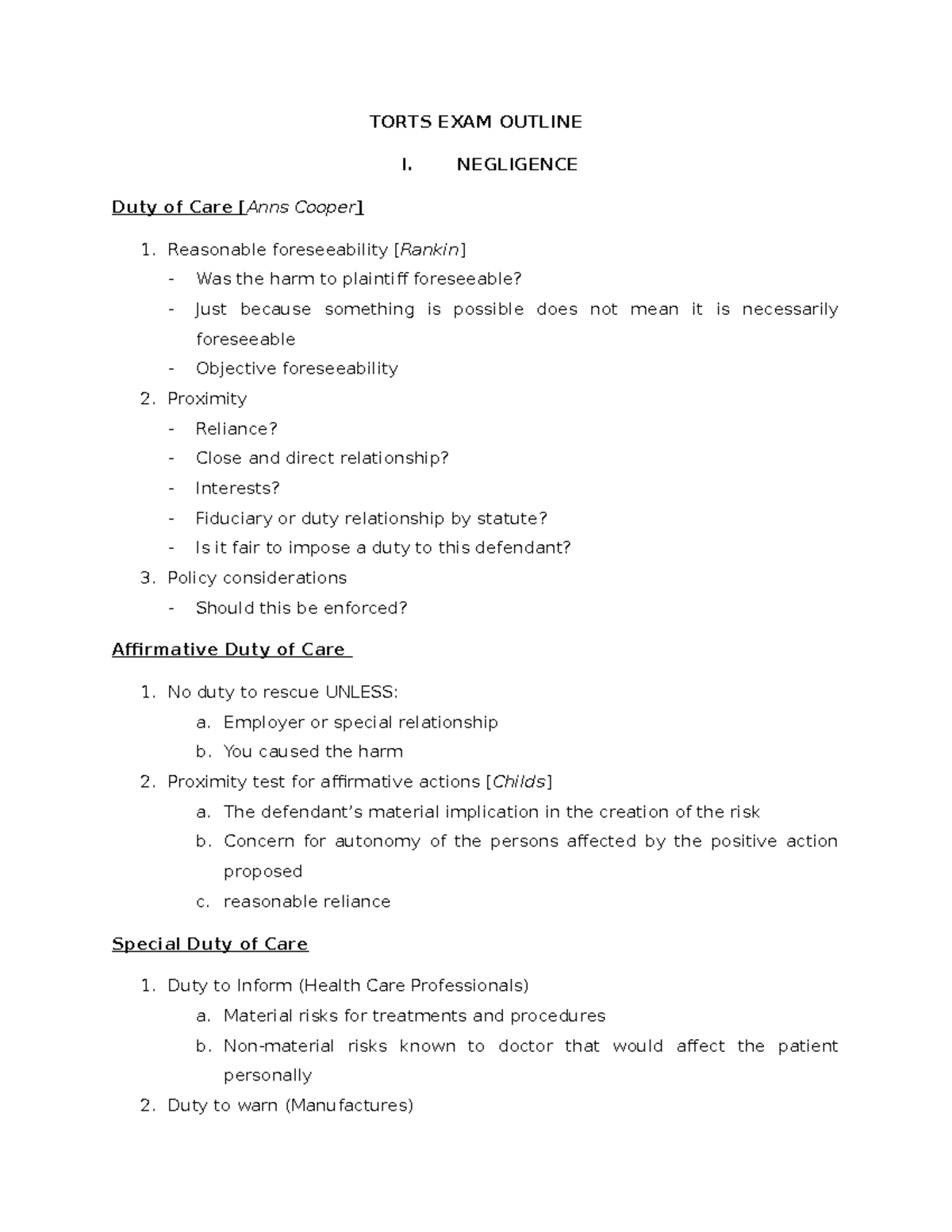 TORTS 101: Comprehensive Exam Outline on Negligence and Liability - Studocu
