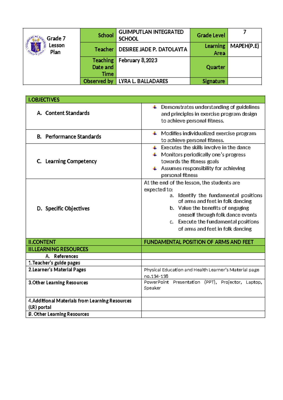 Grade 7 MAPEH Lesson Plan: Folk Dance Fundamentals - Feb 2023 - Studocu