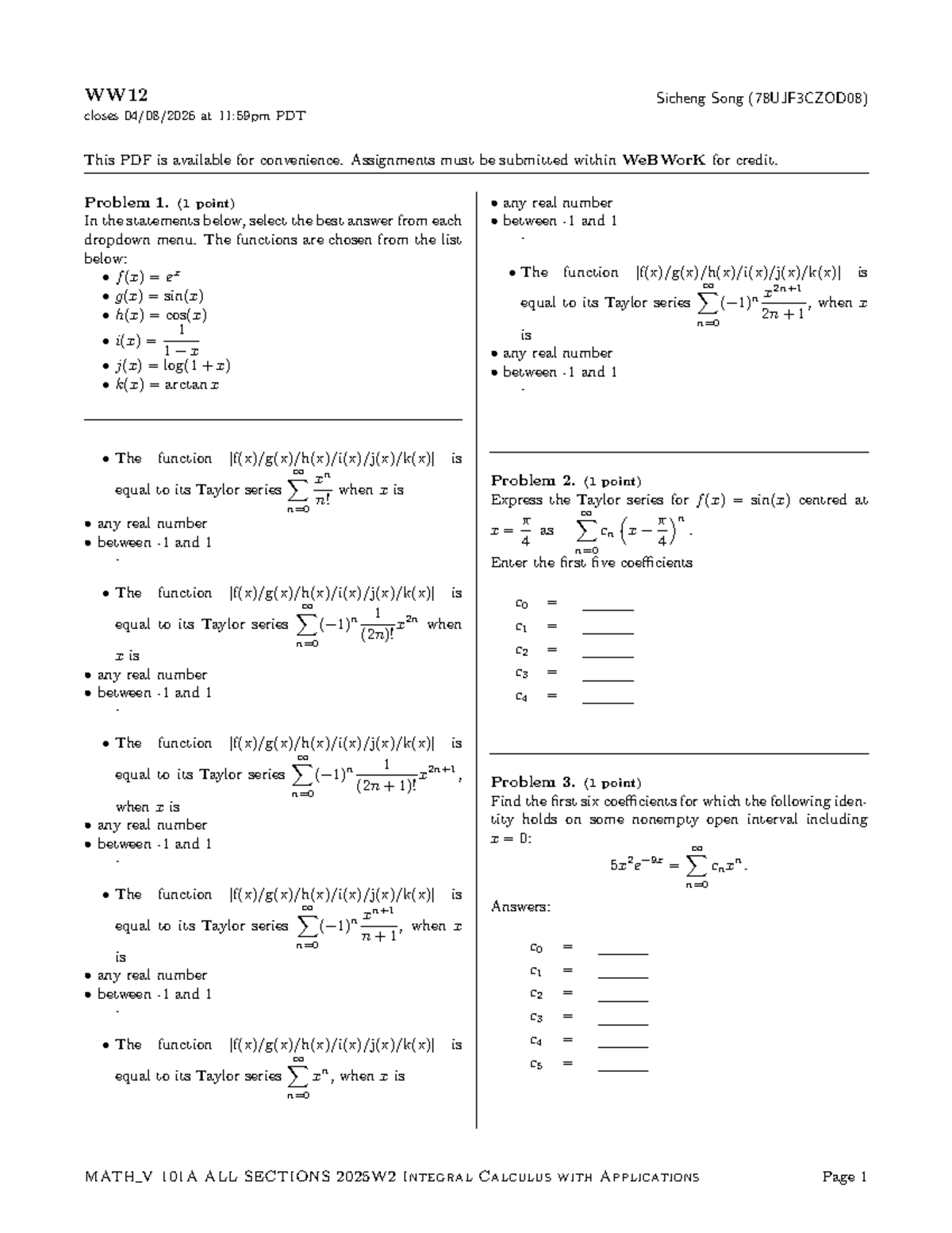 MATH V 101A 2025W2 Integral Calculus Final Exam Notes - Studocu