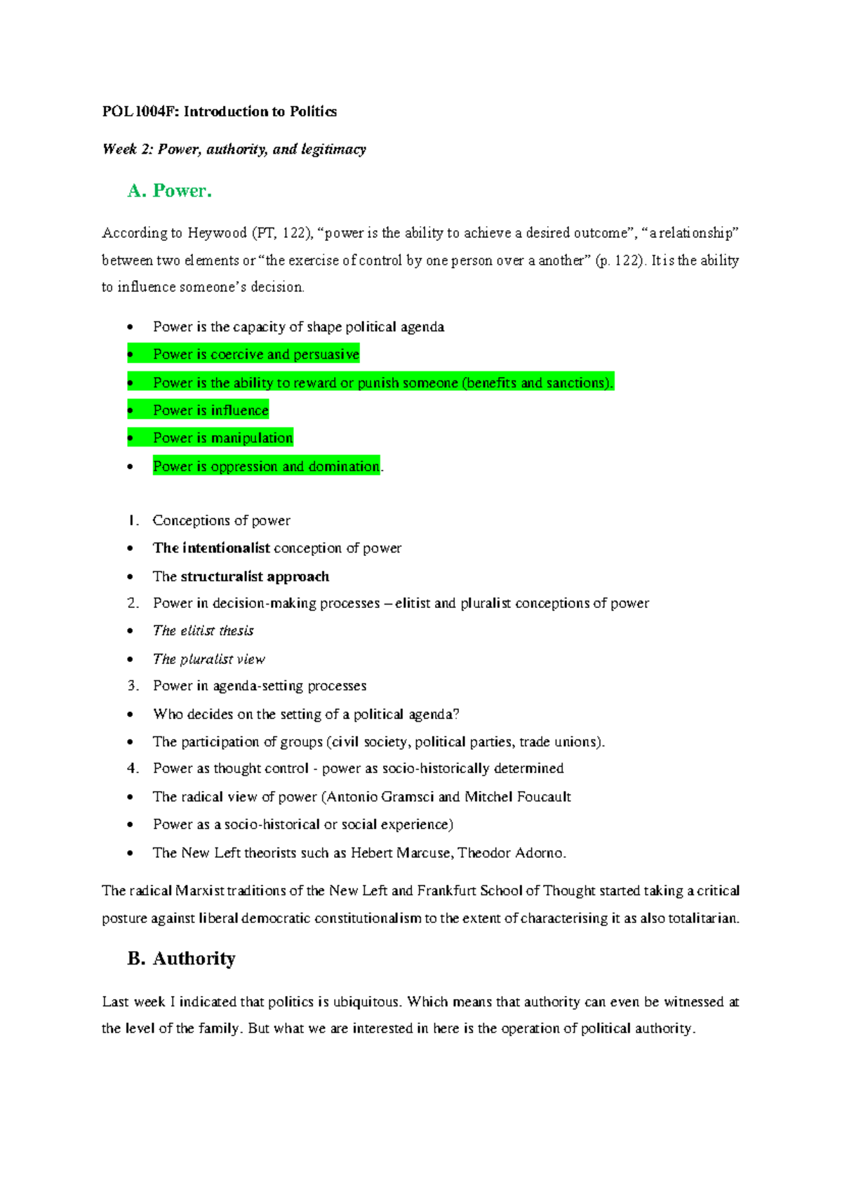 POL1004F: Week 2 Lecture Notes on Power and Authority - Studocu