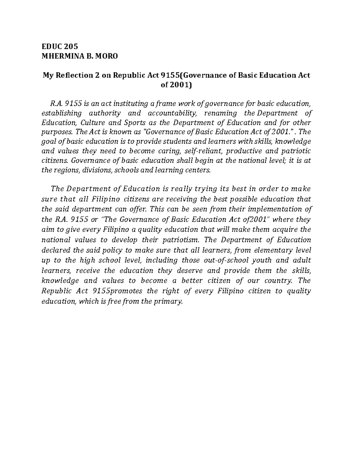 EDUC 205 Reflection 2 on R.A. 9155: Governance of Basic Education - Studocu