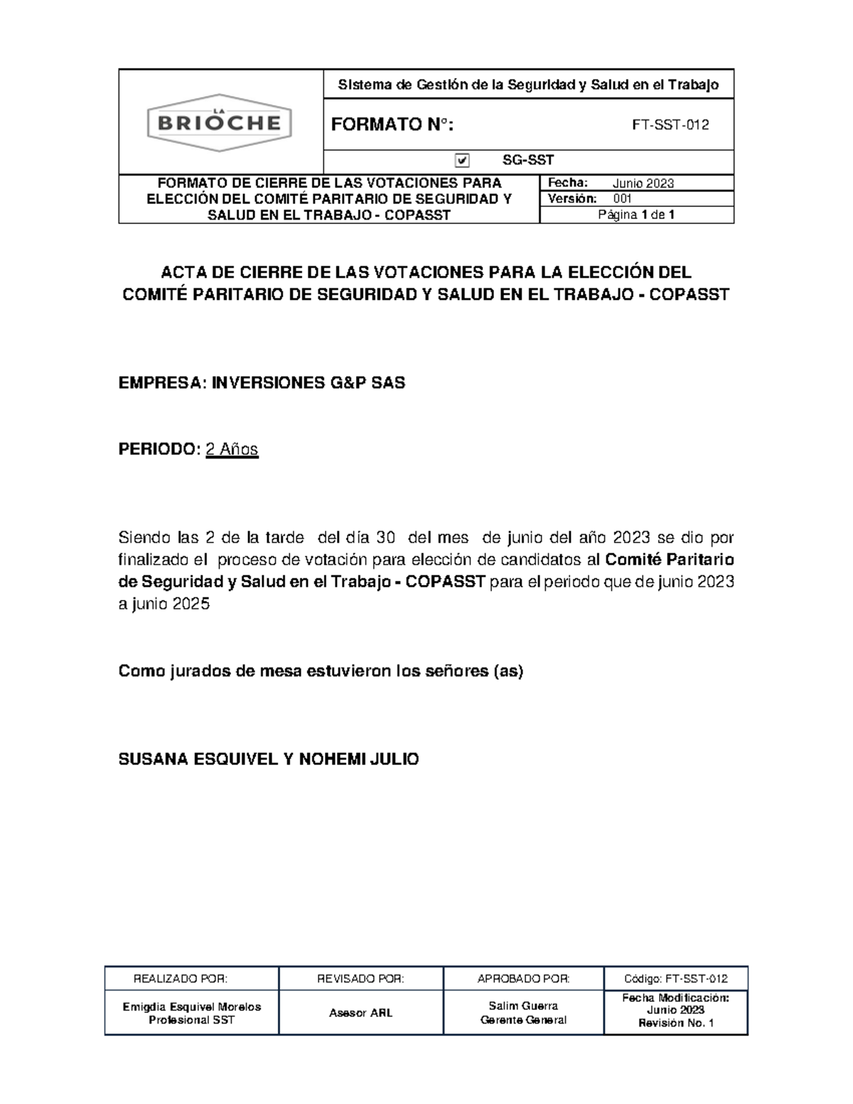 FT-SST-012 Acta de Cierre de Votaciones para Elección COPASST - Studocu