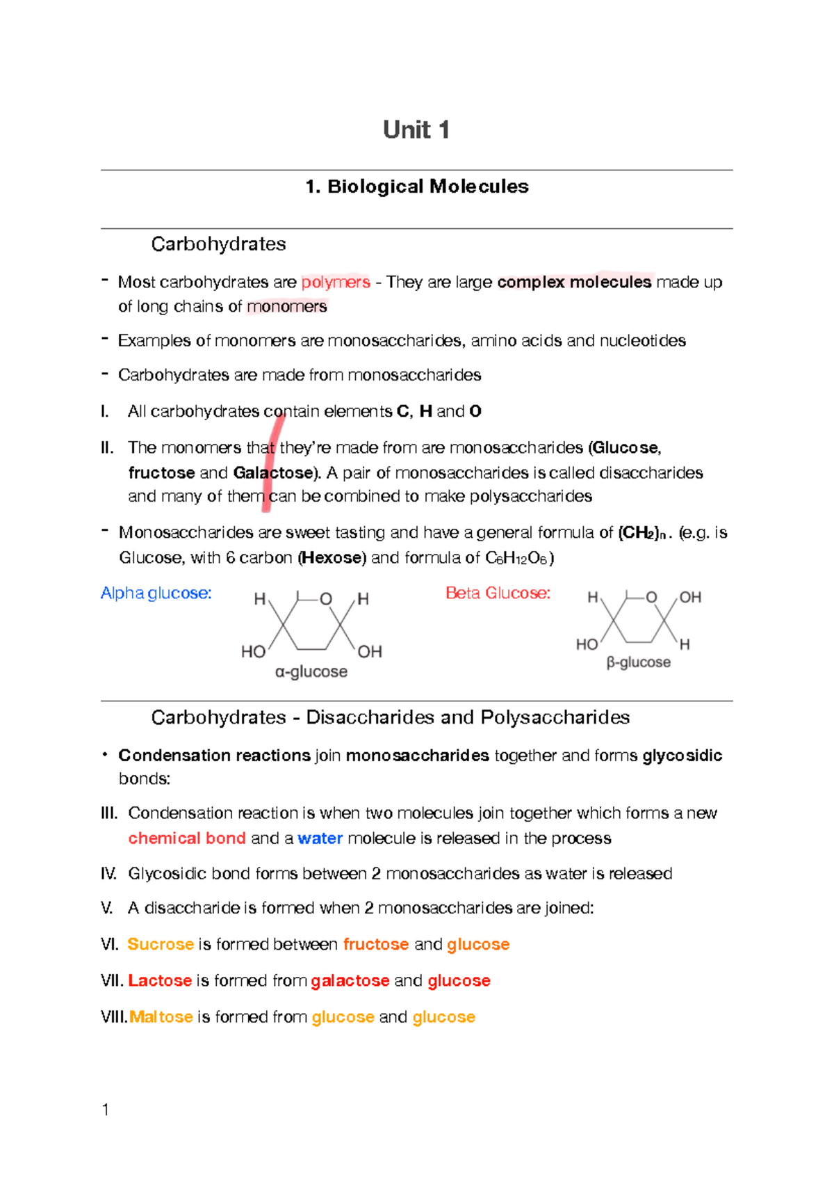 Biology Unit 1: Biological Molecules and Cell Structure Overview - Studocu