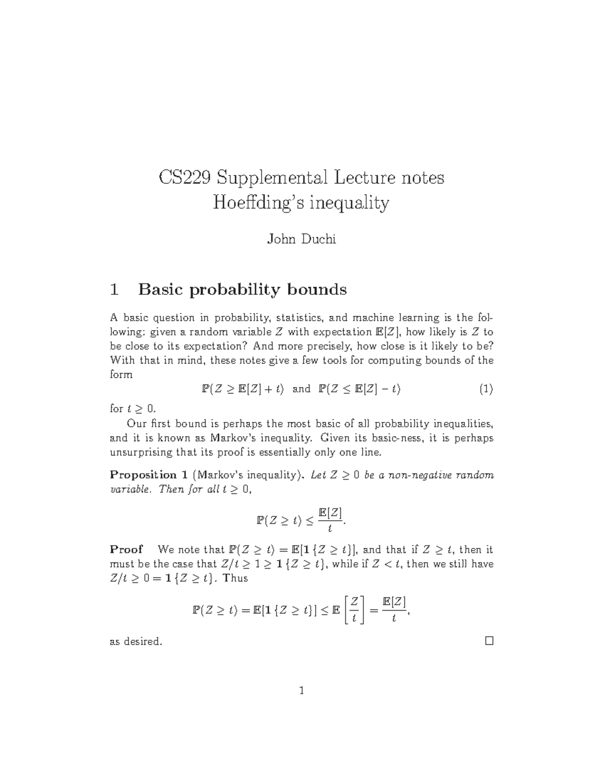 CS229 Supplemental Lecture Notes: Basic Probability Bounds and ...
