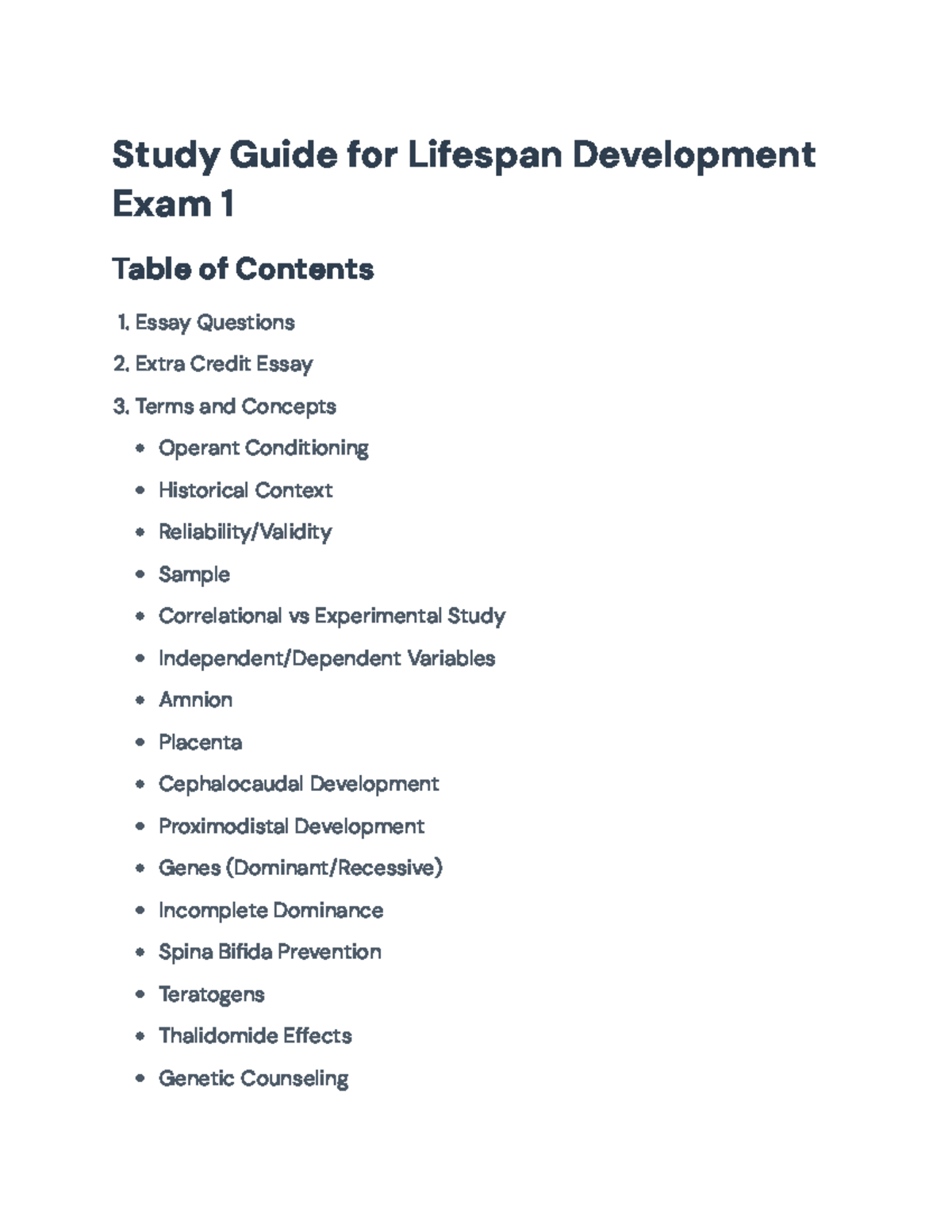 Lifespan Development Study Guide for Exam 1: Key Concepts & Theories ...