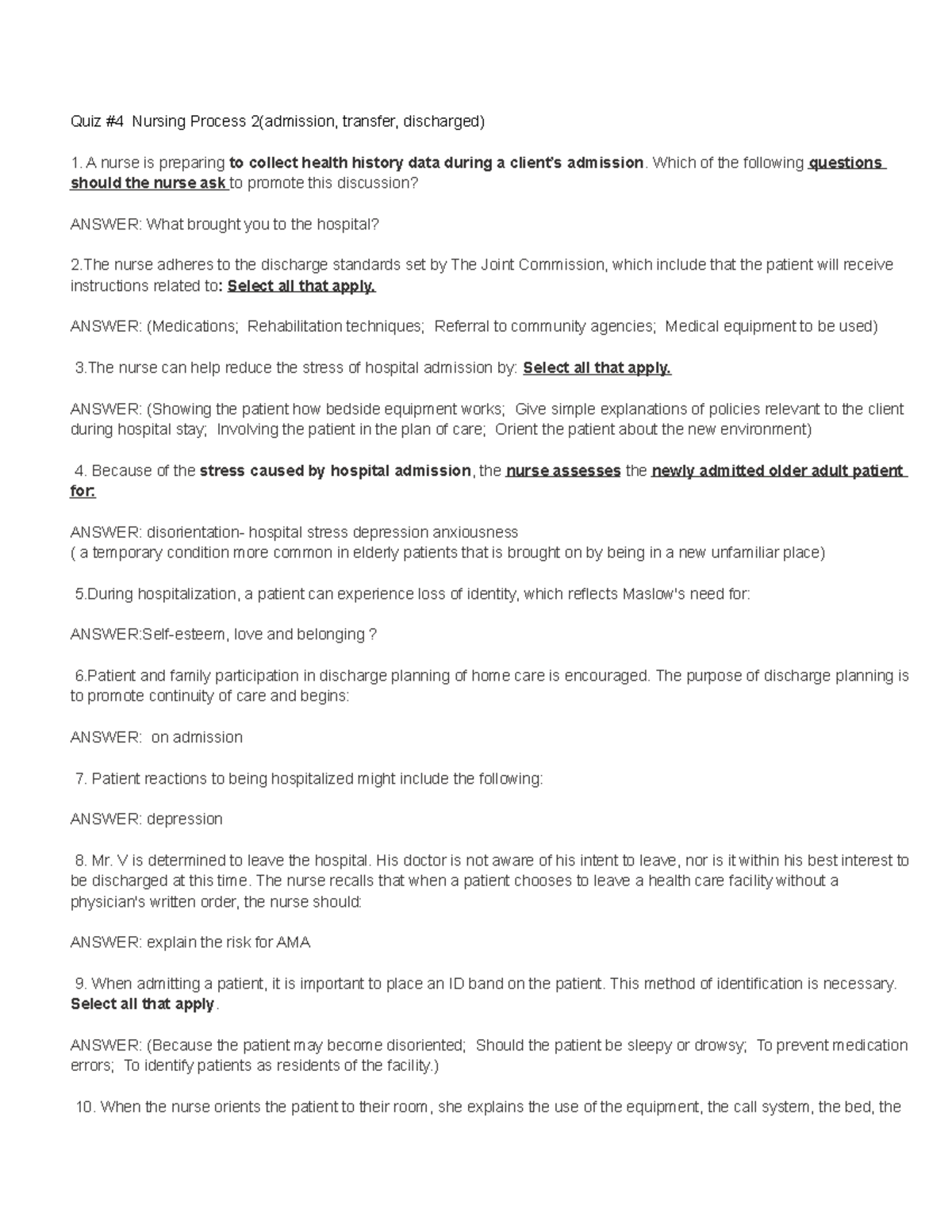 Quiz #4 - Nursing Process: Admission, Transfer, Discharge - Studocu