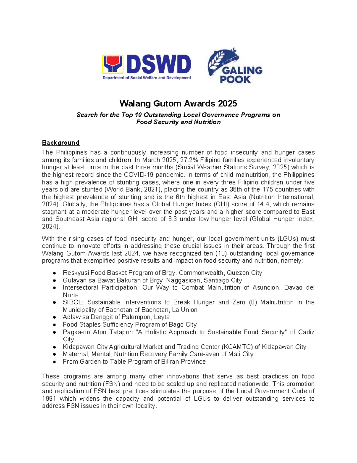 Final Guidelines for Walang Gutom Awards 2025: Top 10 LGU Programs on ...