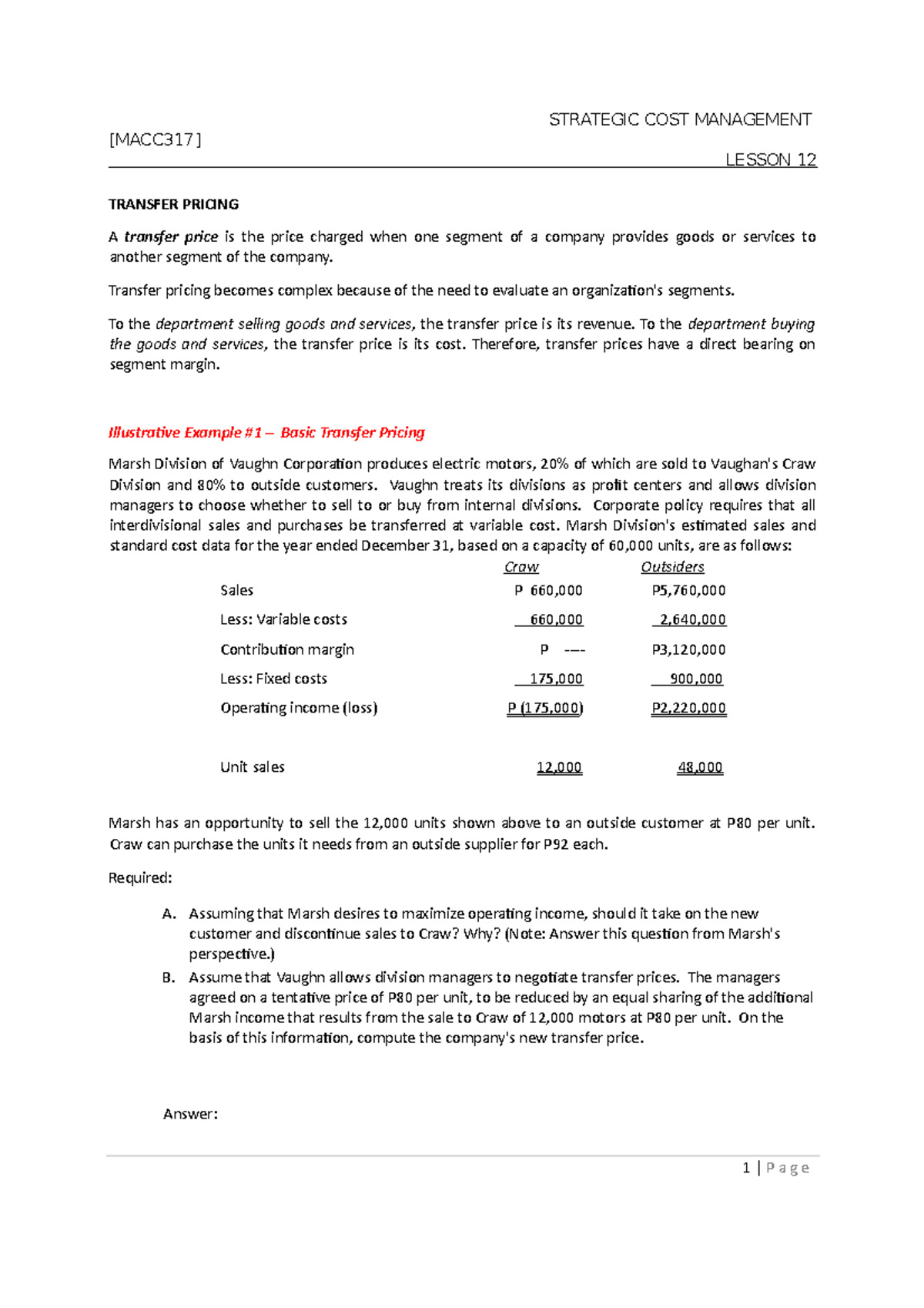 Lesson 12 Transfer Pricing & Strategic Cost Management [MACC 317] - Studocu