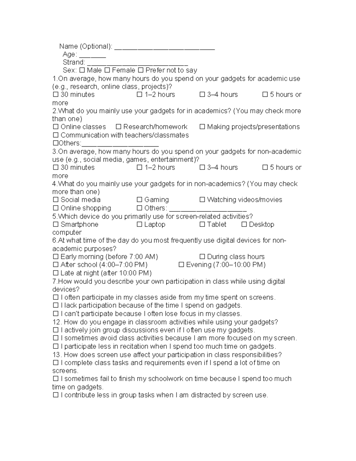 Questionnaire on Gadget Use in Academics - Study Insights - Studocu