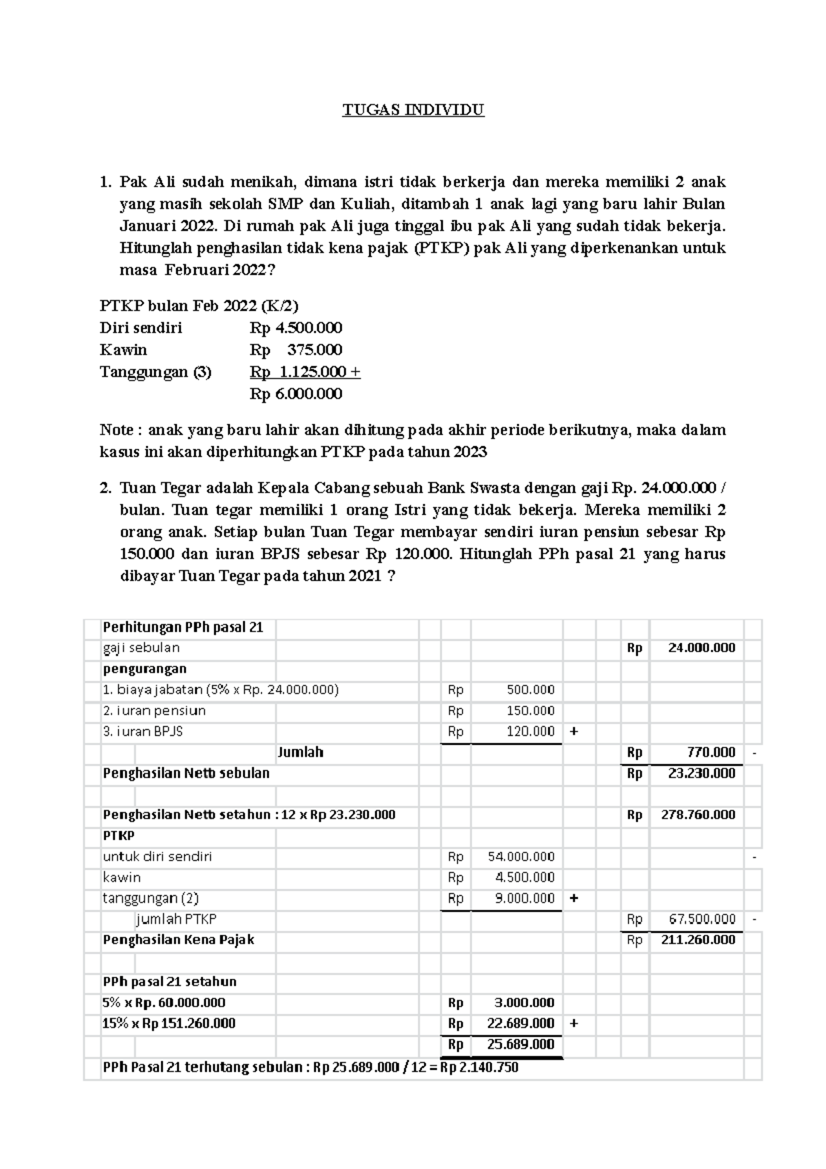 Tugas Individu: Perhitungan PTKP dan PPh Pasal 21 Tahun 2021 - Document Preview