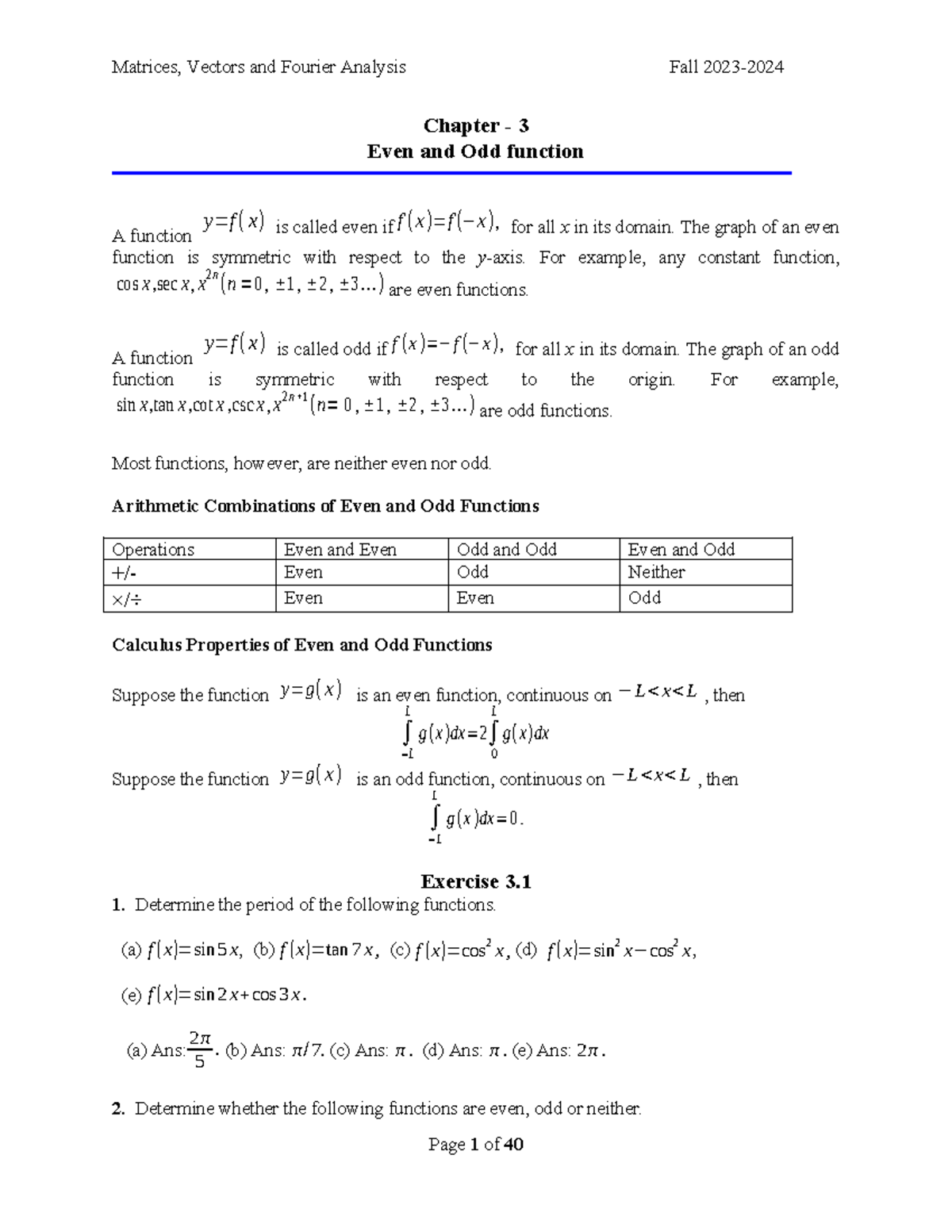Fourier Analysis: Even and Odd Functions - S-Fall23-24 - Studocu