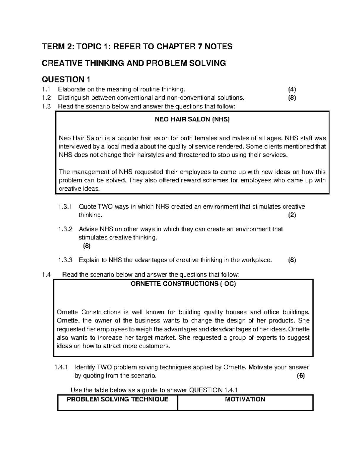 TERM 2: CHAPTER 7 NOTES ON CREATIVE THINKING & PROBLEM SOLVING - Studocu