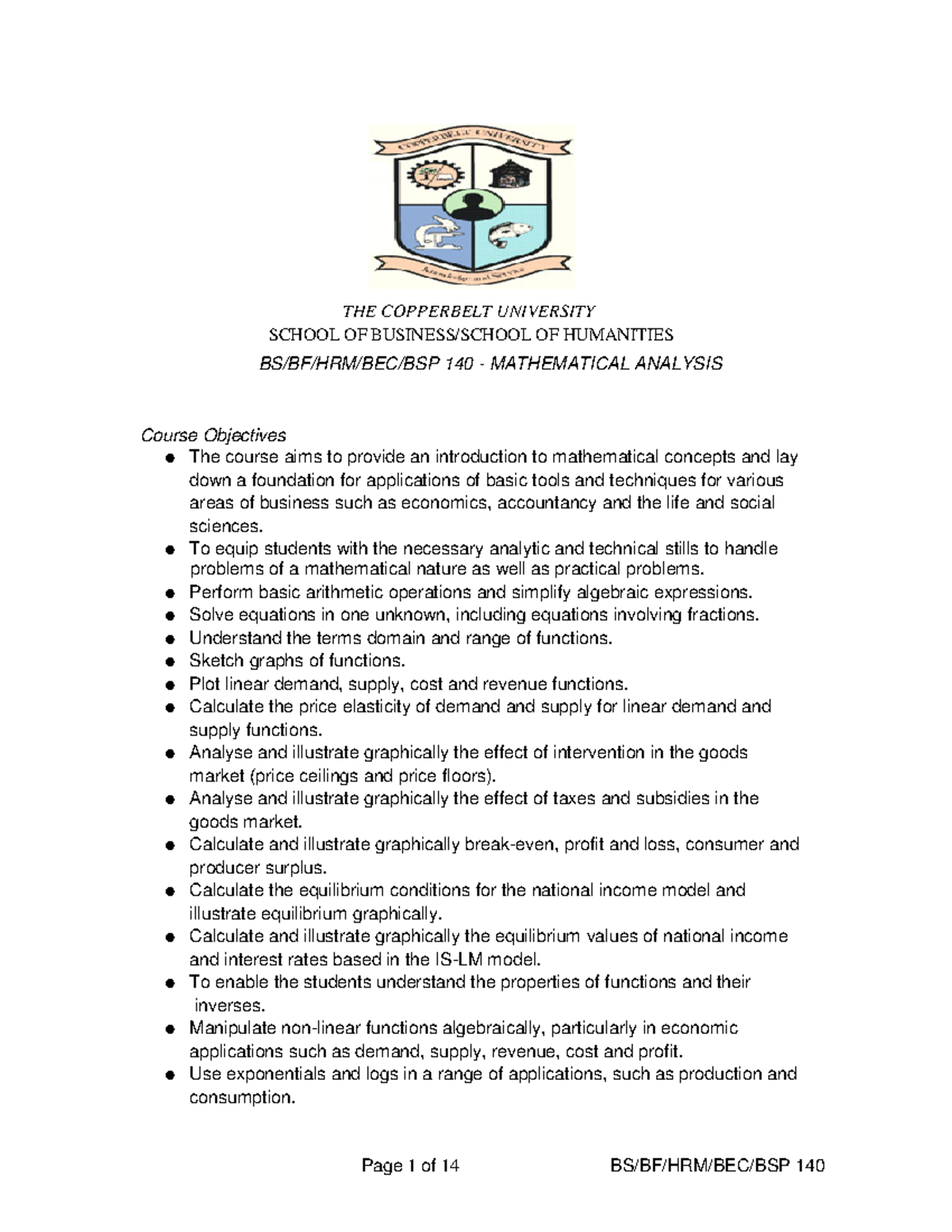 140 Course Outline 2024 - THE COPPERBELT UNIVERSITY SCHOOL OF BUSINESS ...