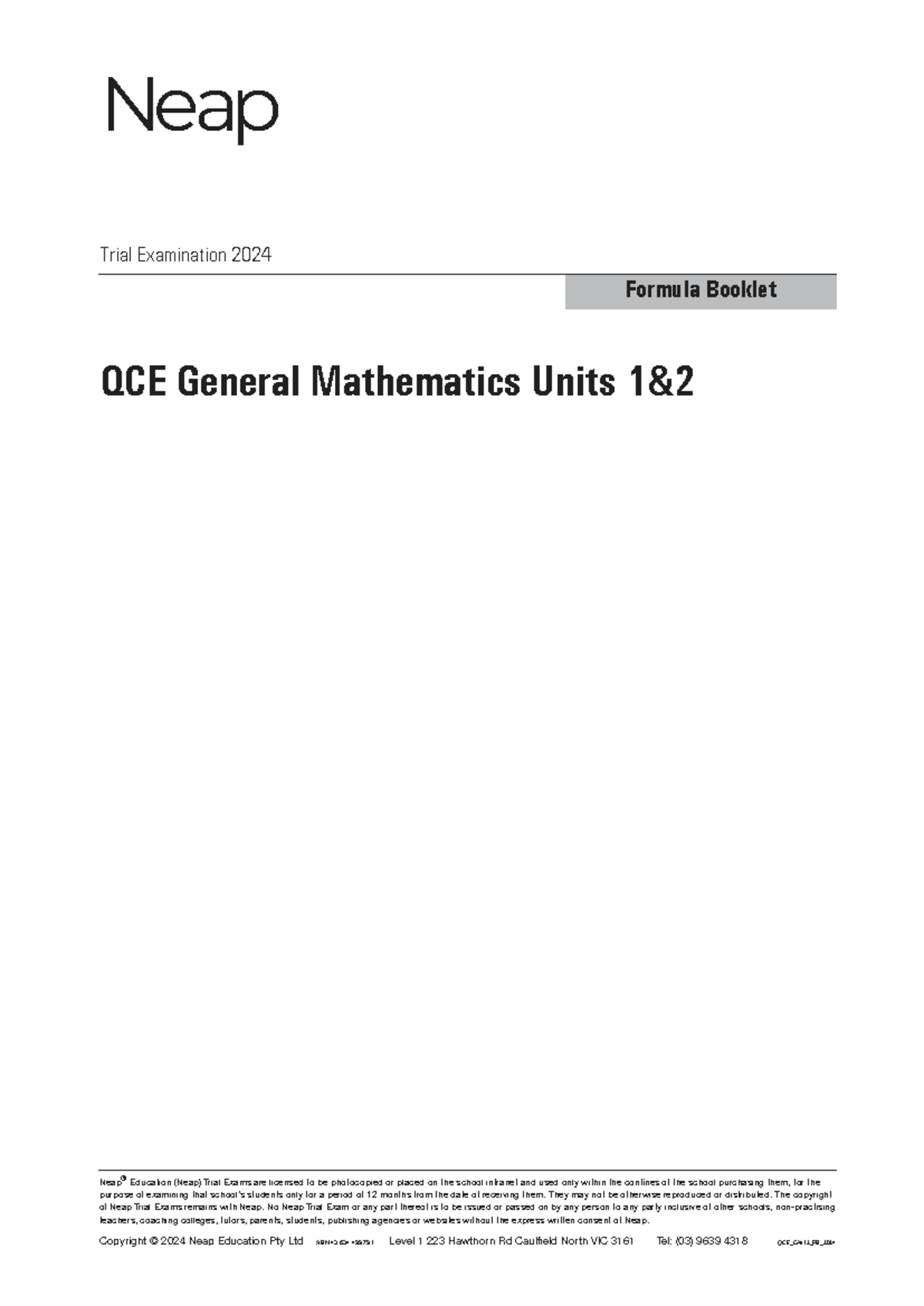 QCE General Mathematics Units 1&2 Trial Exam Formula Booklet - Studocu