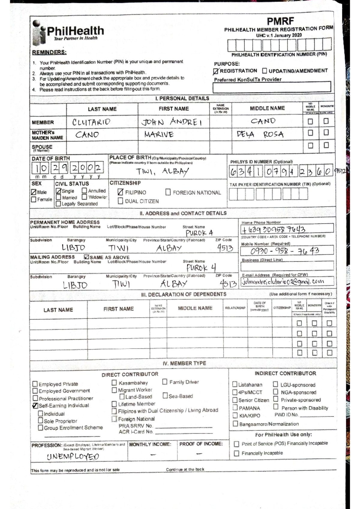 PhilHealth Member Registration Form PMRF3 - UHC v.1 January 2020 - Studocu