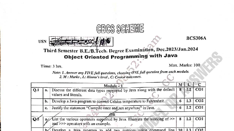 OOPS JAVA FOR CSE DEC-JAN 2024 Paper 2022 Scheme - analysis and design ...