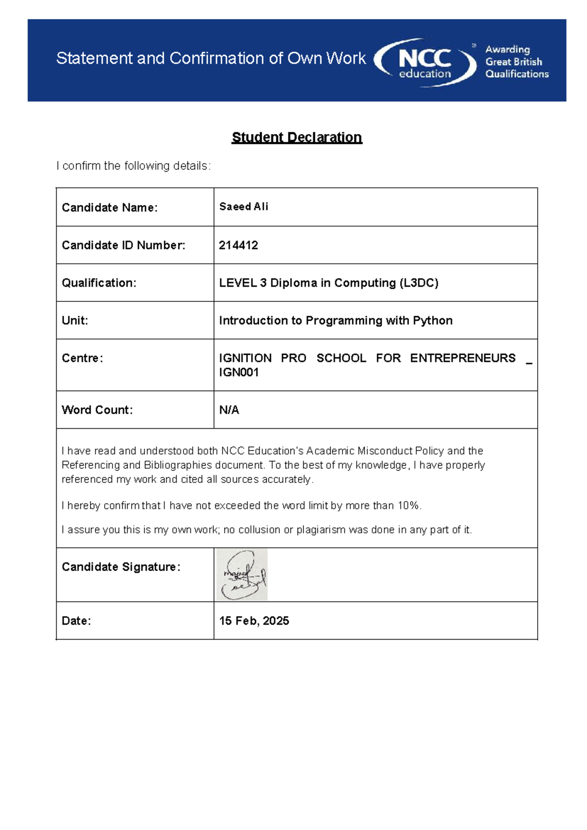 OPS020 Student Declaration: Statement of Own Work by Saeed Ali - Studocu