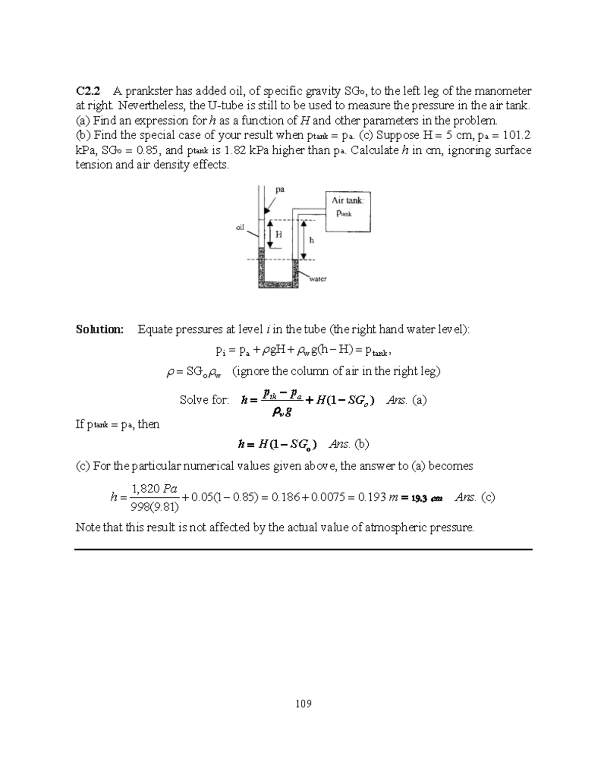 C2.2 Manometer Pressure Calculation: White Solutions Manual Part 93 ...