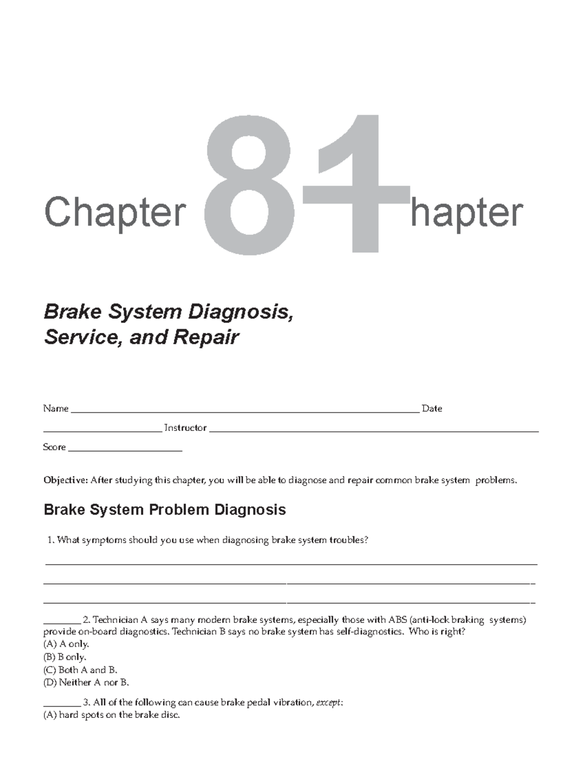 Chapter 81: Brake System Diagnosis, Service, and Repair Notes - Studocu