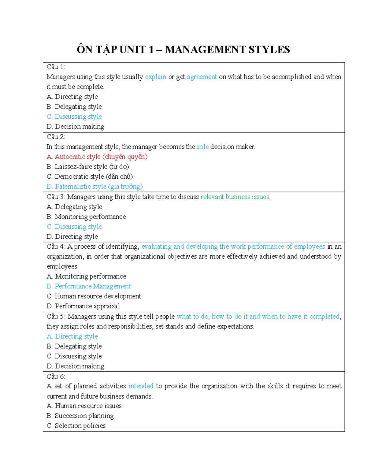 ÔN TẬP UNIT 1 - MANAGEMENT STYLES Quiz Questions and Answers - Studocu