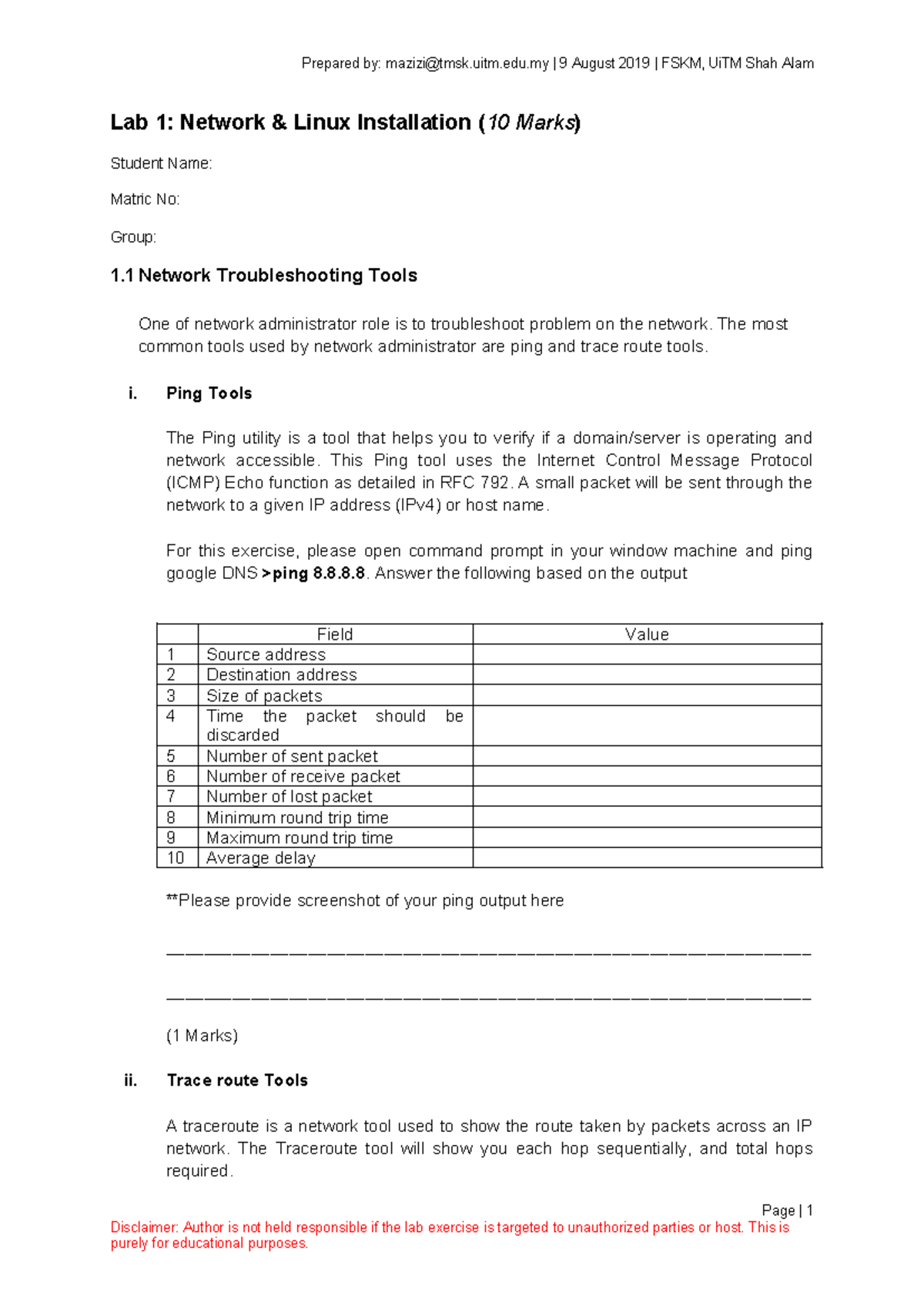 Lab 1 - Network & Linux Installation (10 Marks) Guide - Studocu