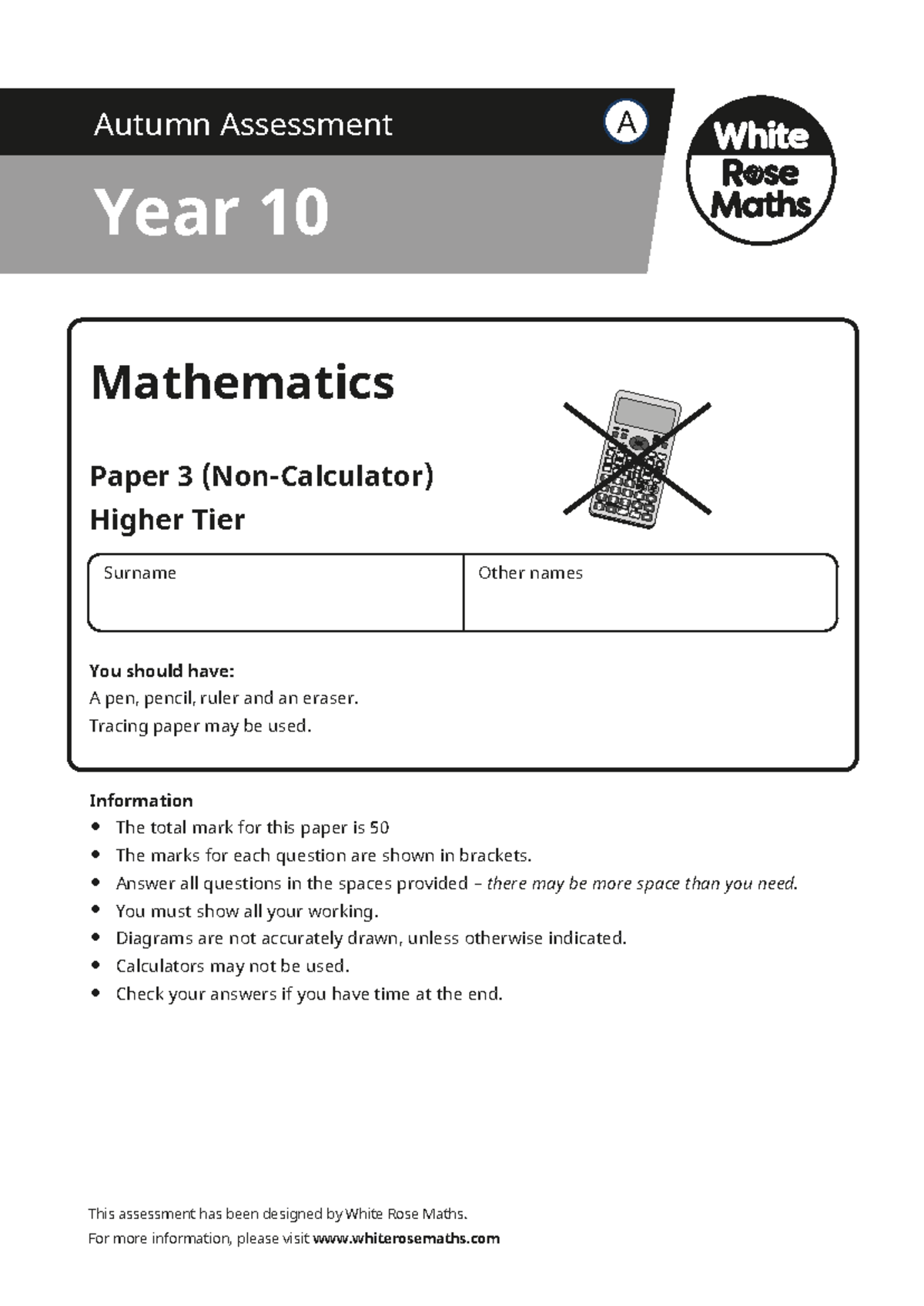 Year 10 Autumn Assessment Paper 3 Higher Tier Maths - Studocu