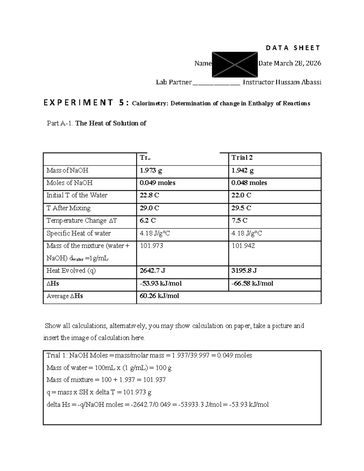 CHM1046L Experiment 5 Data Sheet: Calorimetry & Enthalpy Calculations ...