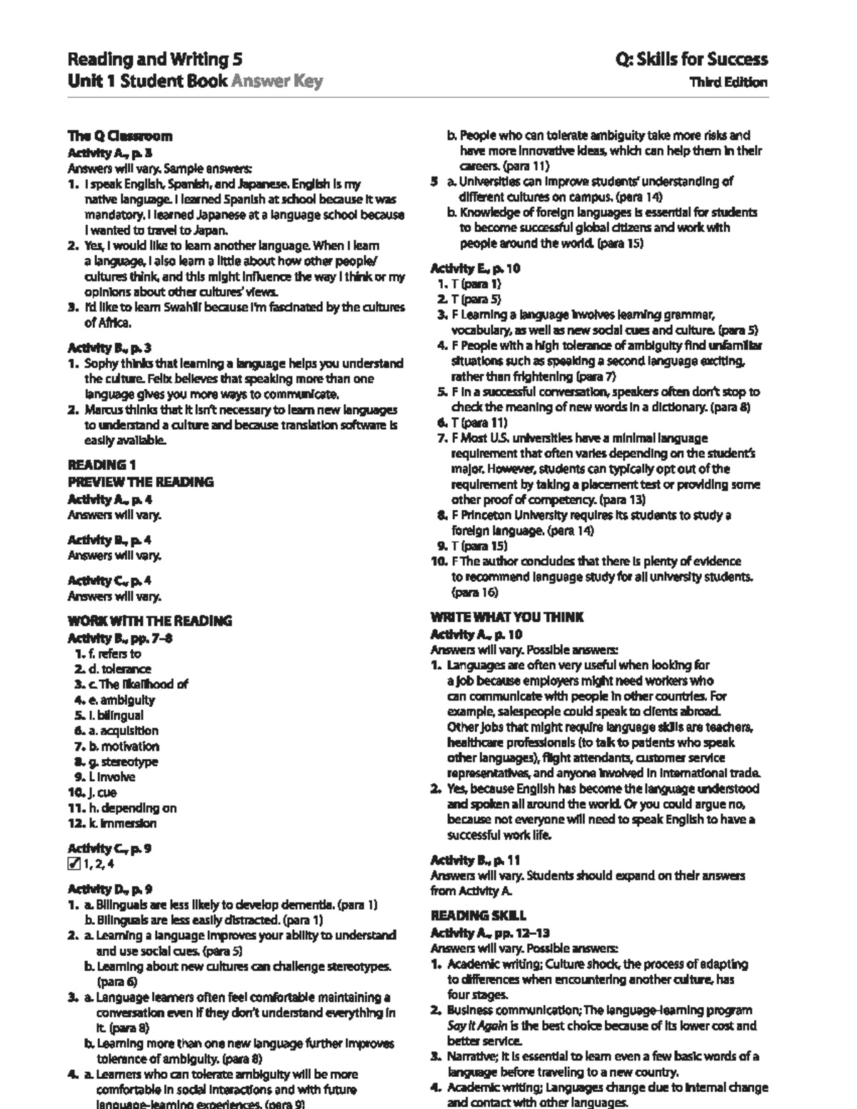 RW5 - Q: Skills for Success Unit 1-6 Student Book Answer Key (3rd Ed.) - Document Preview