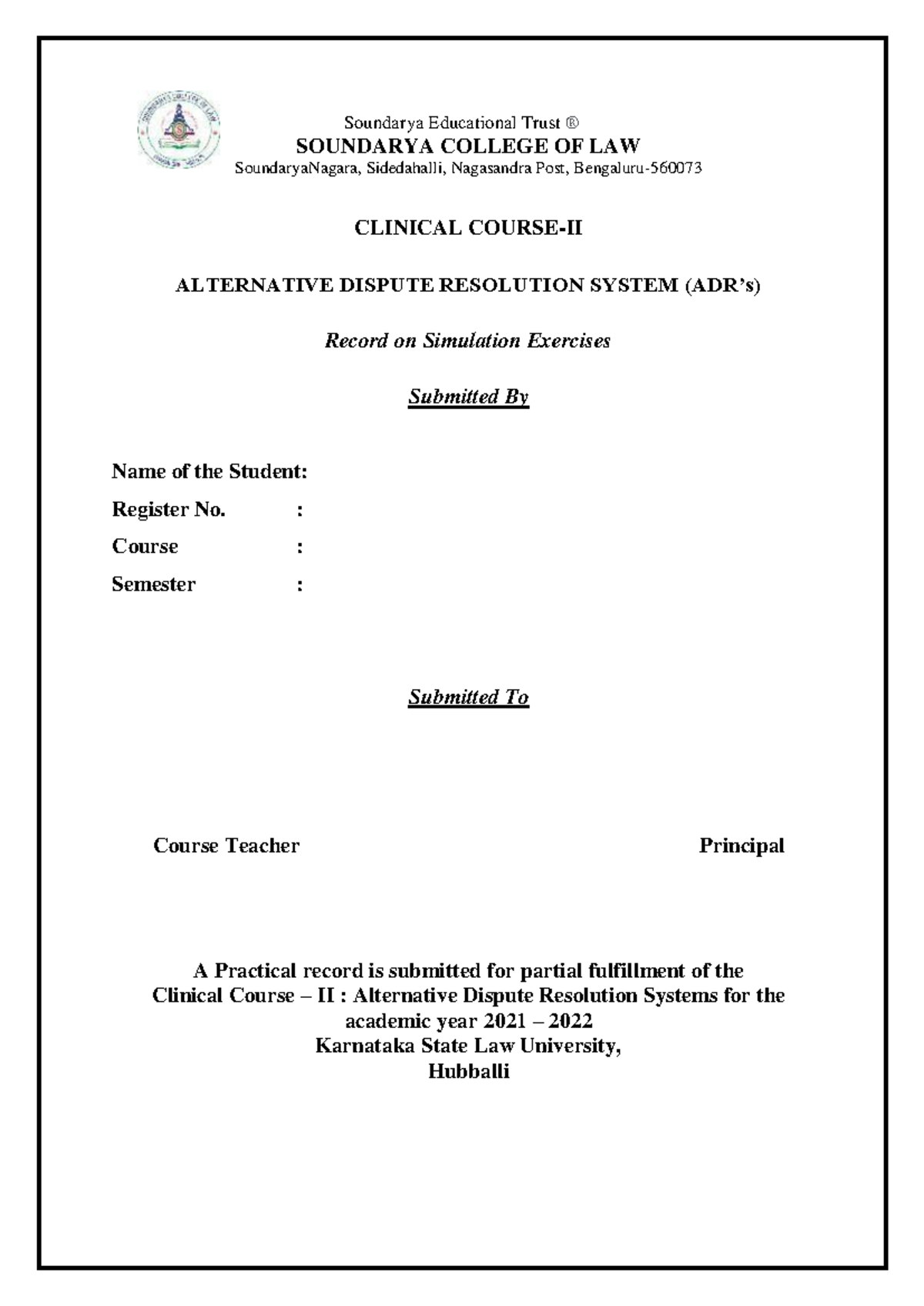 ADR Simulation Exercises Format for Clinical Course-II (LAW 101) - Document Preview