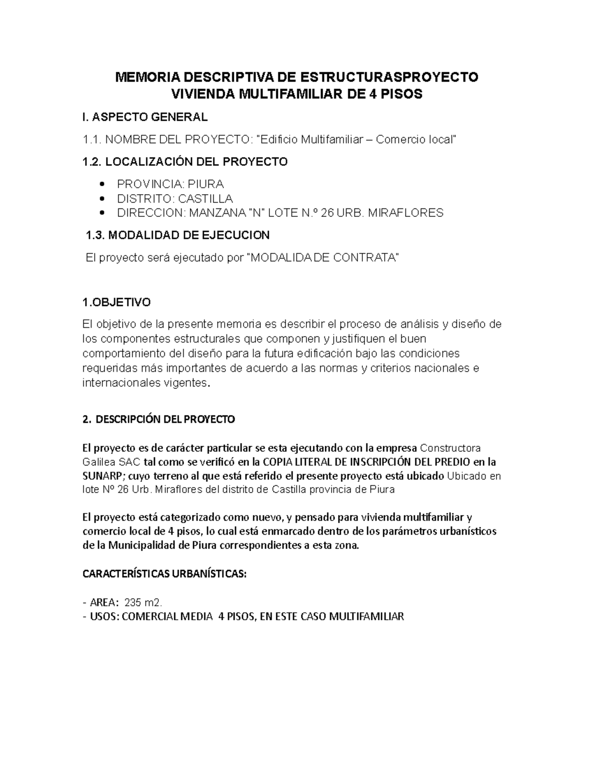 Memoria Descriptiva del Proyecto: Vivienda Multifamiliar 4 Pisos - Document Preview