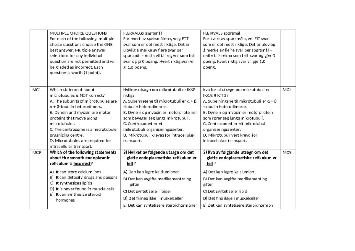 Sample exam MCs - eksempel - MULTIPLE CHOICE QUESTIONS For each of the ...