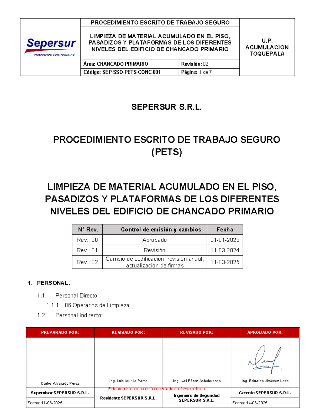 PETS 02: Limpieza de Material Acumulado en Piso y Pasadizos de Chancado Primario - Document Preview
