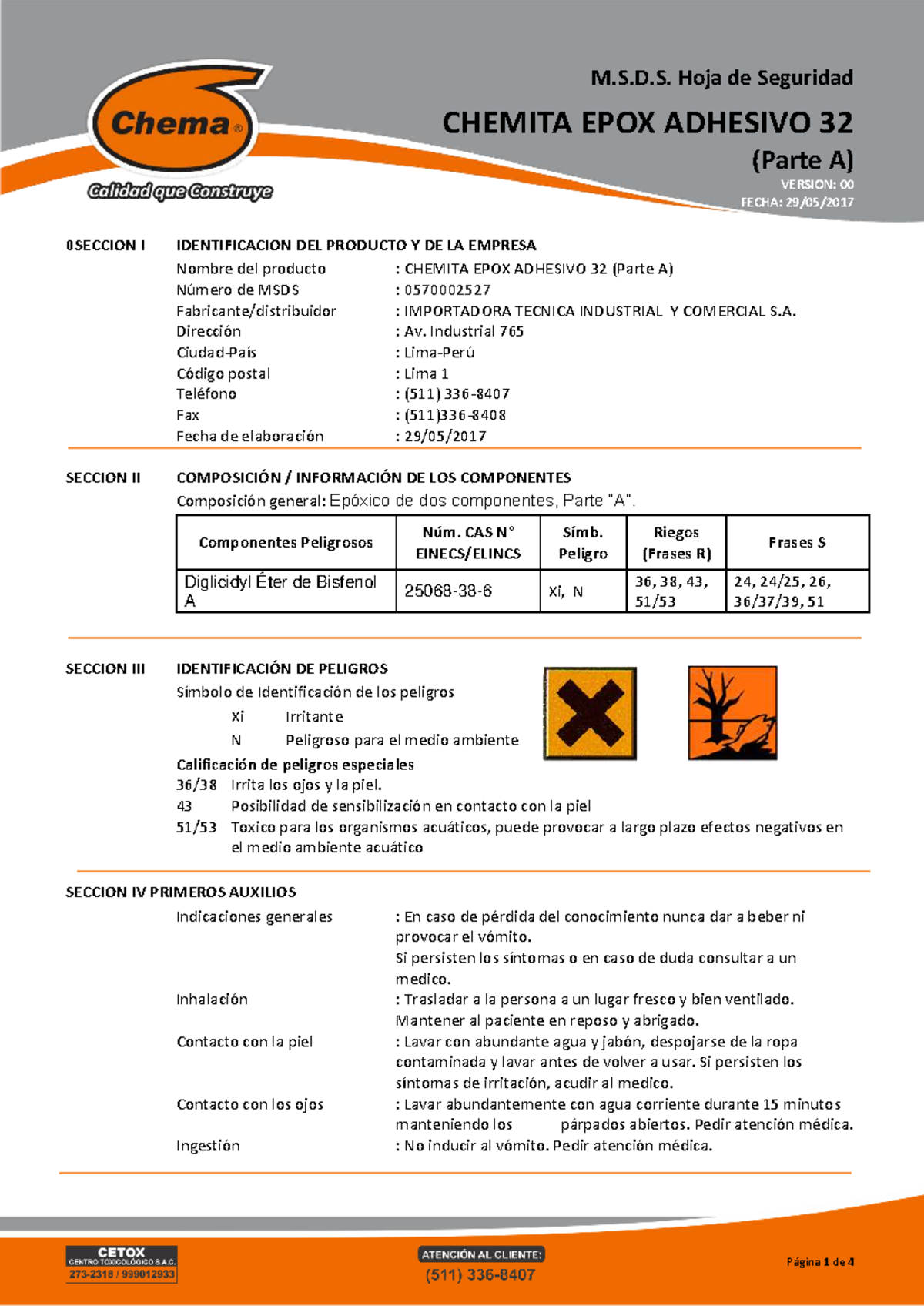 Hoja de Seguridad M.S.D.S. CHEMITA EPOX ADHESIVO 32 (Parte A) - Document Preview