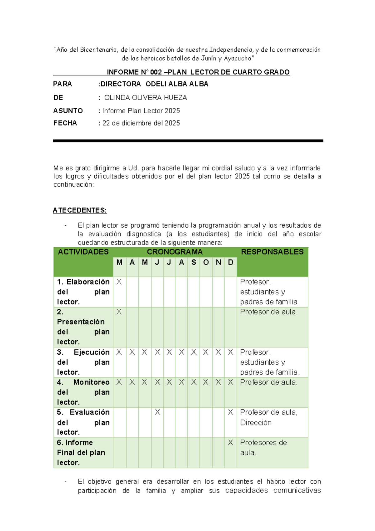 Informe del Plan Lector 2025 - Cuarto Grado - Studocu