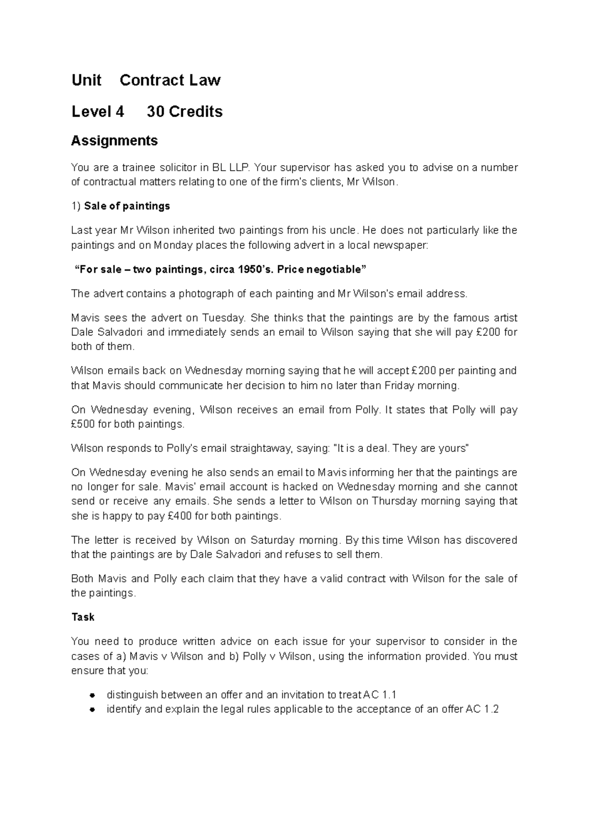 Unit 1 Assignment: Contract Law Overview for Trainee Solicitors - Studocu