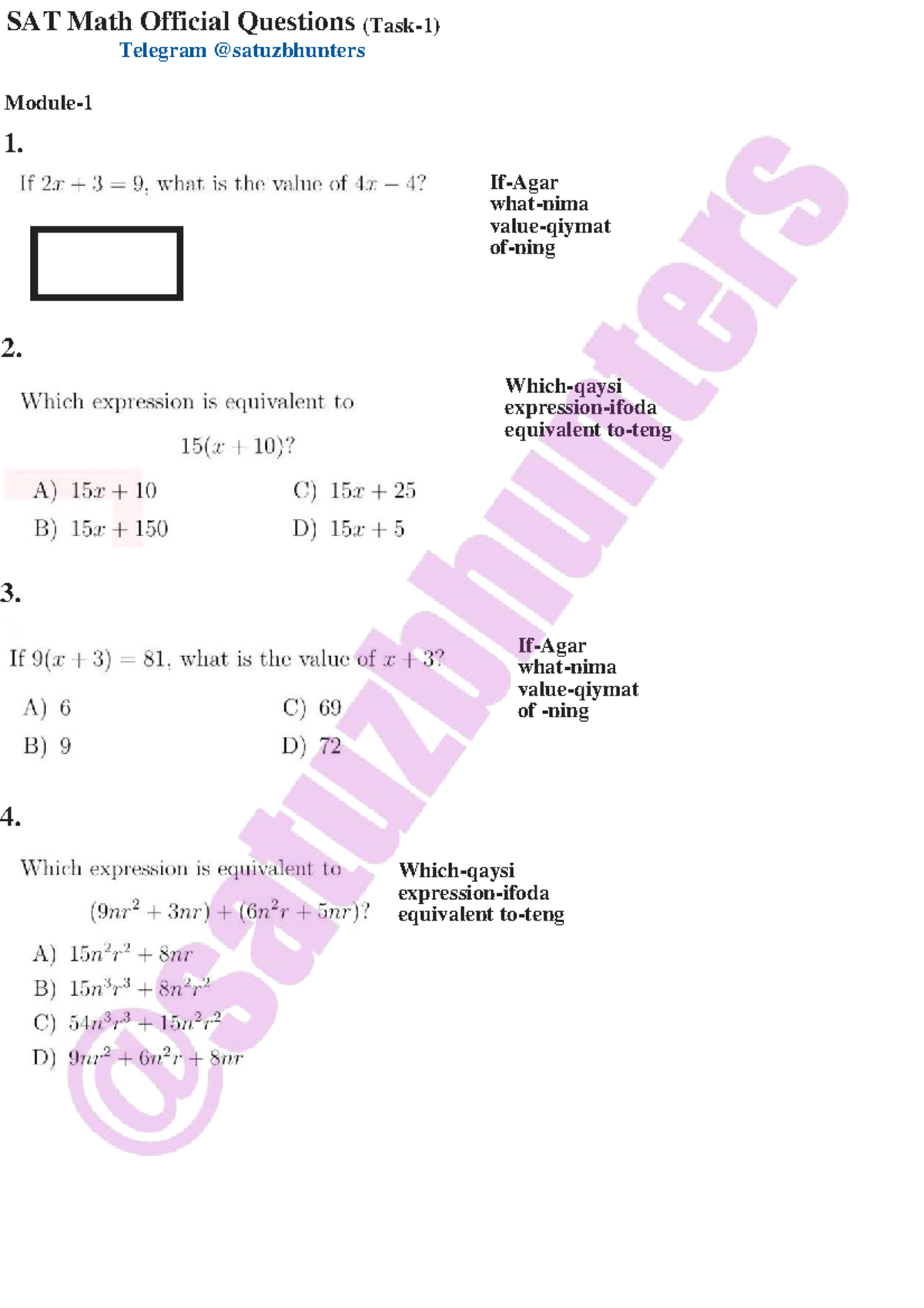 SAT Math Official Questions - Foundation Task 1 - Studocu