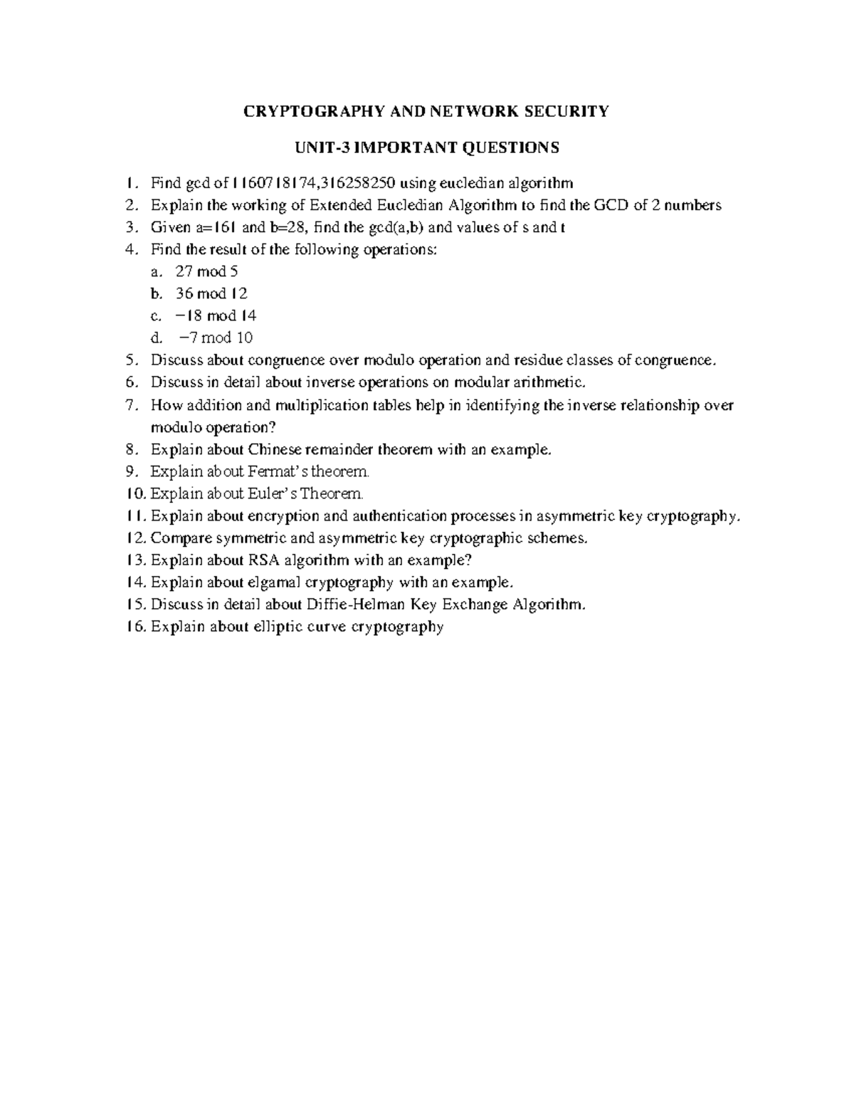 UNIT-3 Critical Questions on Cryptography & Network Security - Studocu