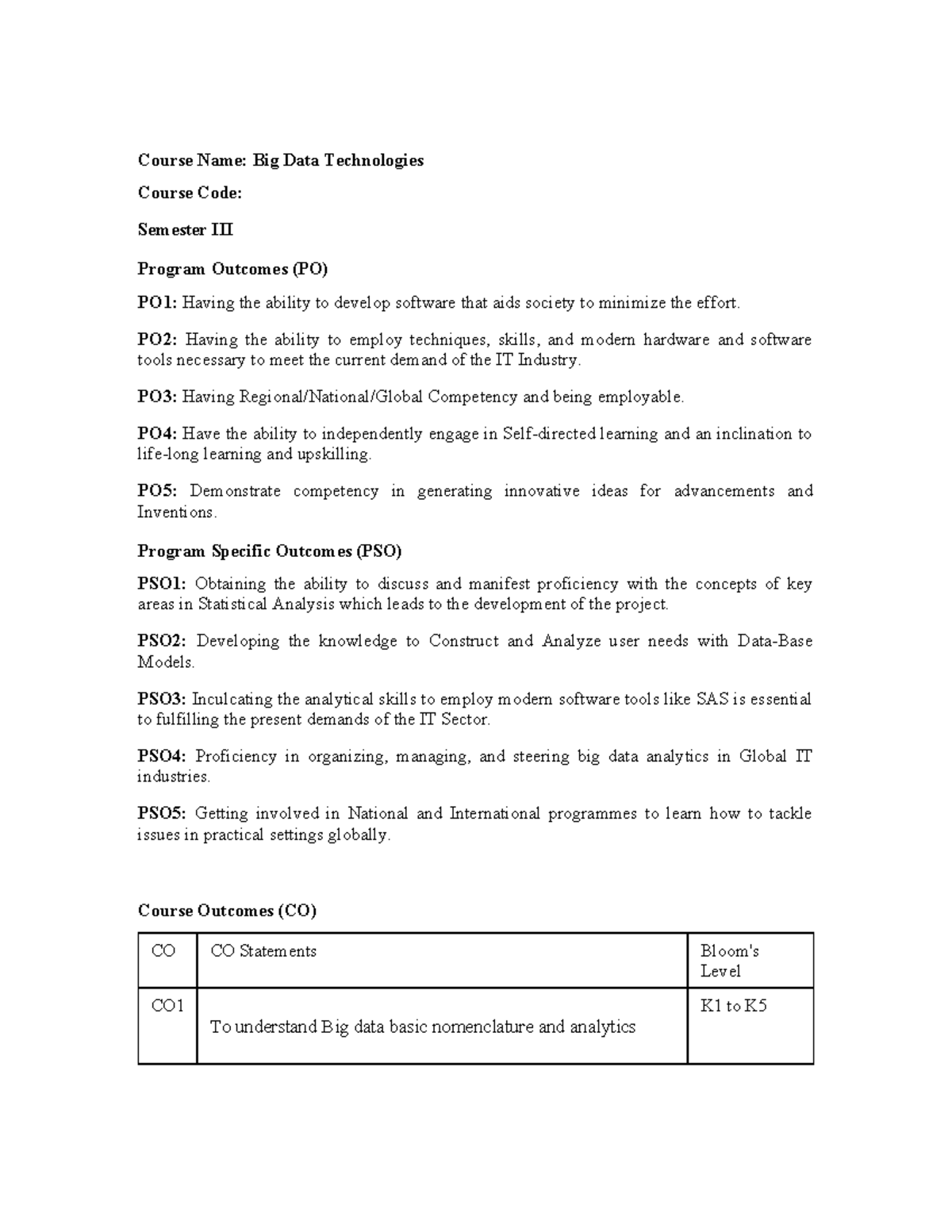 Big Data Technologies: Program Outcomes & Competencies Overview - Studocu