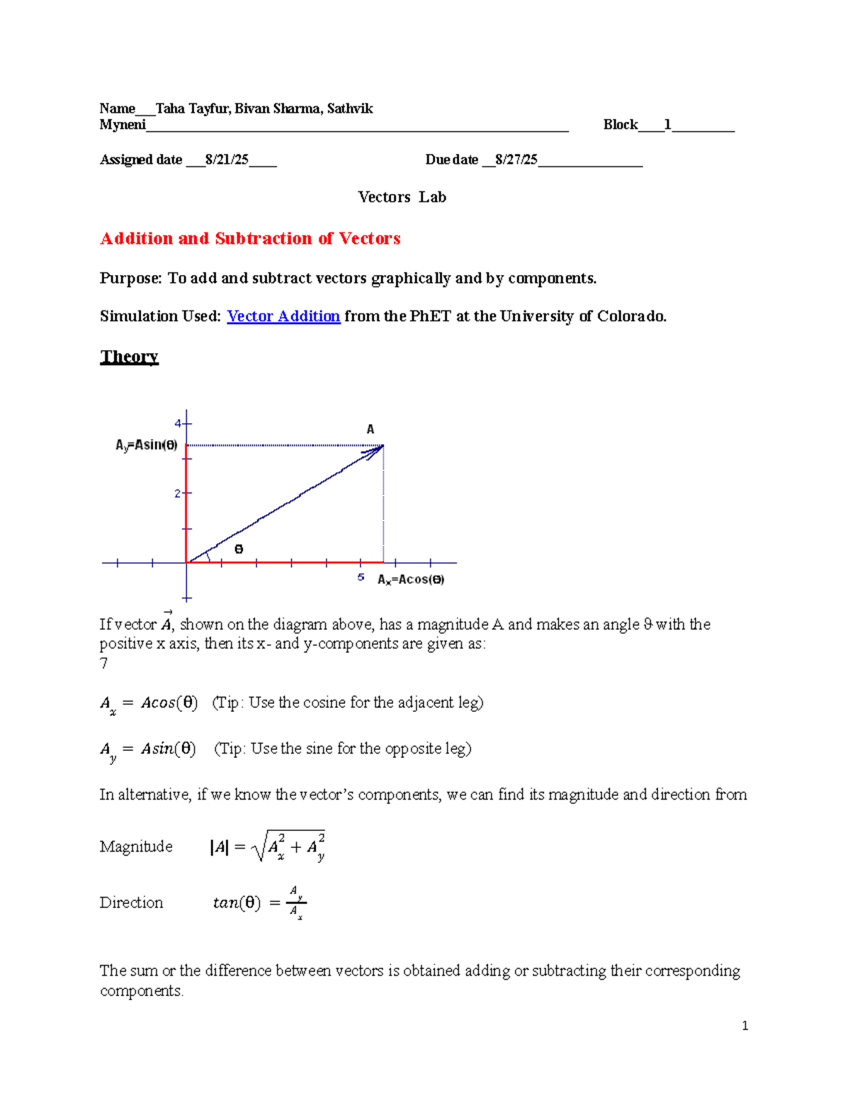 Lab 1: Graphical Addition & Subtraction of Vectors (PHET) - Studocu