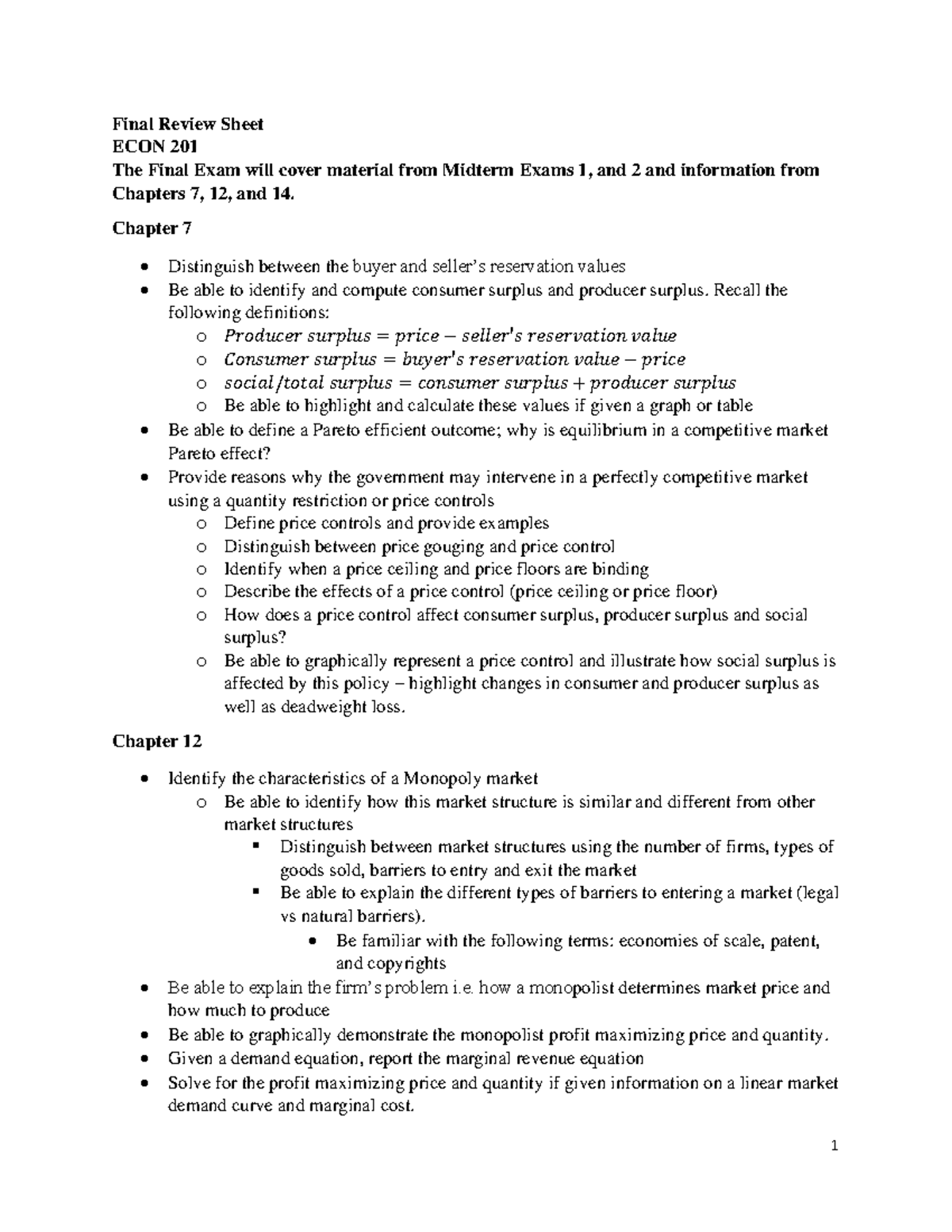 Final Review Sheet for ECON 201 - Studocu