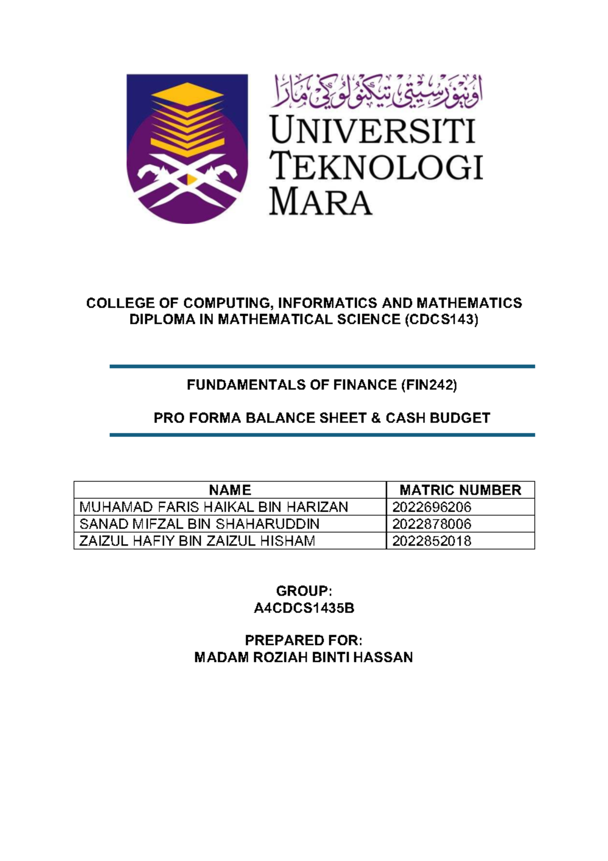FIN242 Assessment 1: Pro Forma Balance Sheet & Cash Budget Analysis ...