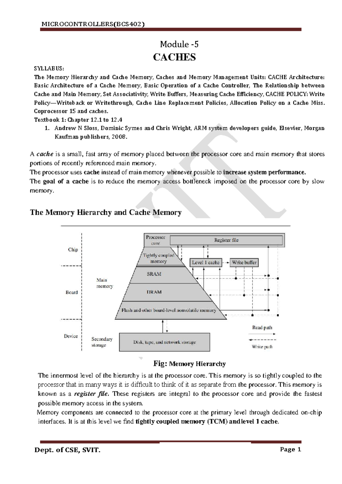 MICROCONTROLLERS (BCS402) Module on Cache Memory Architecture and ...