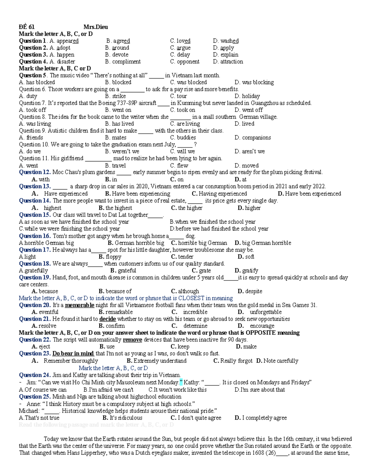 ĐỀ 61-62: English Exam Questions and Answers - Studocu