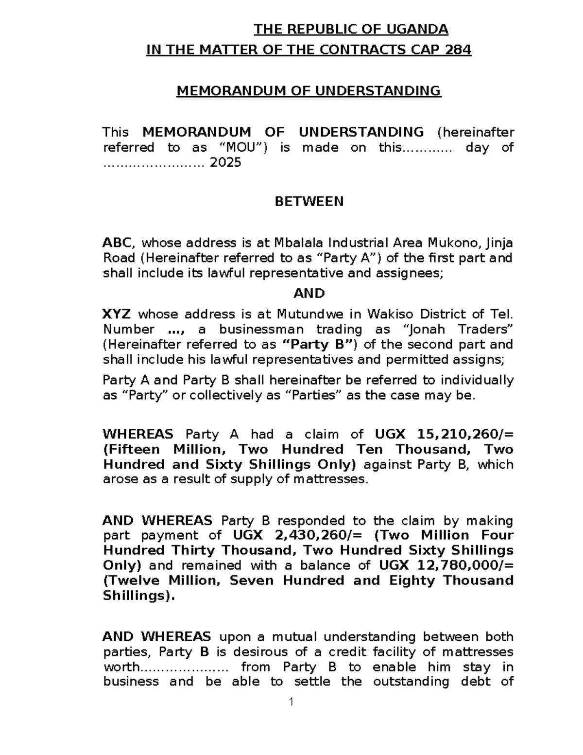 Memorandum of Understanding: Contracts Cap 284 - Uganda - Studocu